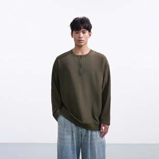 复古宽松T恤 男士 偶得·230G亨利领华夫格肌理长袖 舒适长绒棉