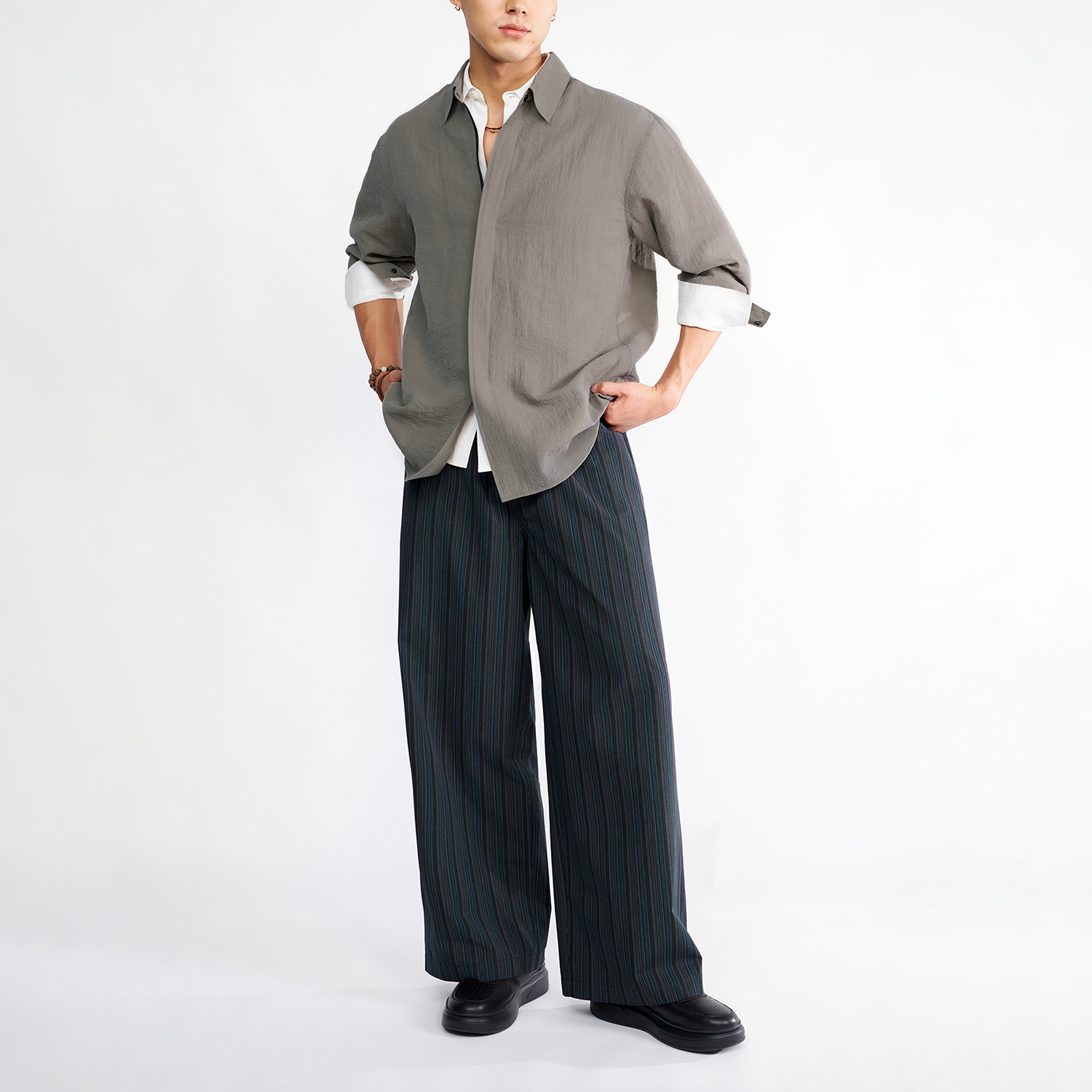 100%精梳棉条纹阔腿裤