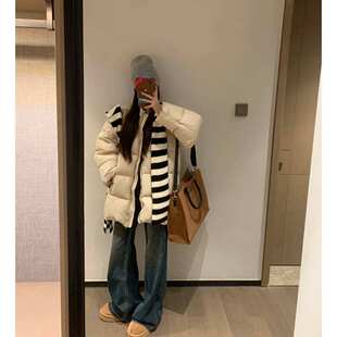 韩系洋气杏色中长款面包服上衣女冬季立体廓形加厚百搭大棉袄外套