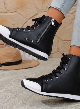 大码时尚女靴经典黑色靴子侧拉链女踝靴透气秋季women's短靴