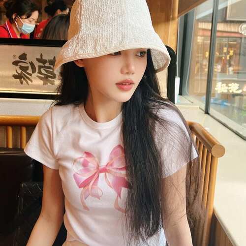 早春新品圆领结印花短袖恤芭蕾舞丝带女打底上衣