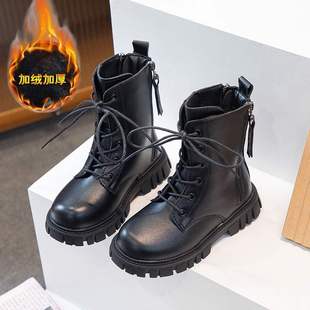 女童马丁靴加绒短靴防滑拉链公主靴时尚洋气骑士靴二棉保暖鞋子冬