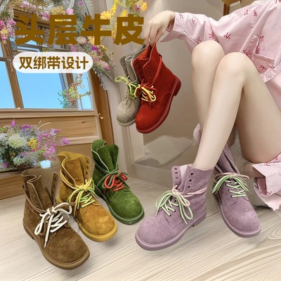头层牛皮马丁靴女款2025欧美风夏季新款女款绿色开春双绑带机车