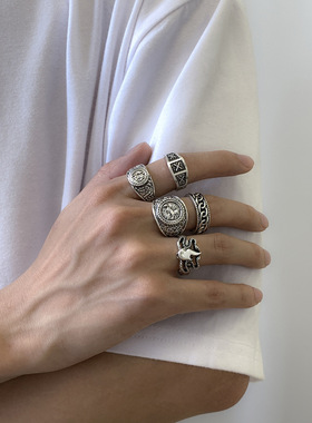 欧美男士潮流金属戒指 复古风酷帅设计感图腾几何男戒指5件套