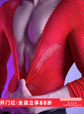 红色纯欲风辣弟无性别穿搭高弹针织透视镂空烫钻漏肌肉显瘦连体衣
