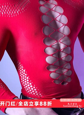 火辣春节红色 欧美美式男孩辣弟透视性感镂空显瘦长袖上衣网衣