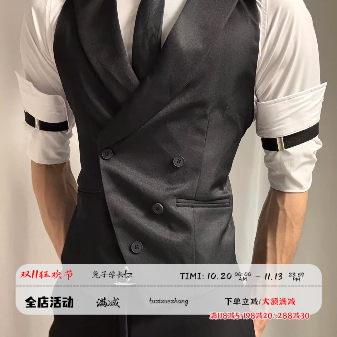 黑色戗驳领马甲衬衫套装男肌肉男显身材修身坎肩商务正装服务生