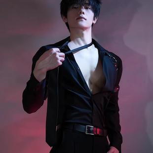 小狼狗~禁欲系黑色那不勒斯修身衬衫男长袖冷淡系衬衣性感上衣