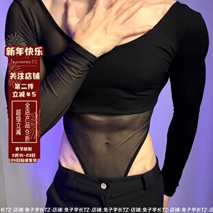 辣弟装 露肌肉夏季新款男打底衫身长袖性感露背假两件连体衣夜店