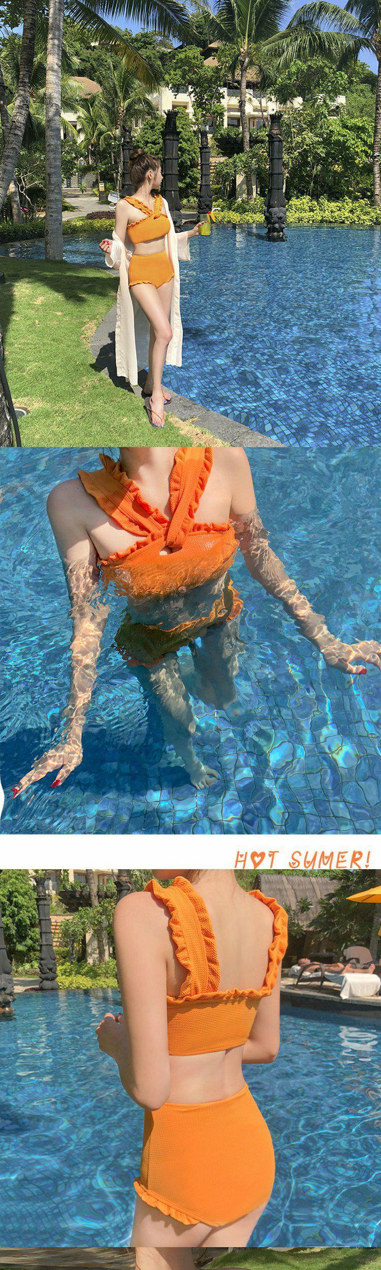 . Áo tắm nữ suối nước nóng hàn quốc xẻ tà cao eo nhỏ ngực nhỏ tập trung ngực phẳng che bụng là gầy học bảo thủ - Bộ đồ bơi hai mảnh