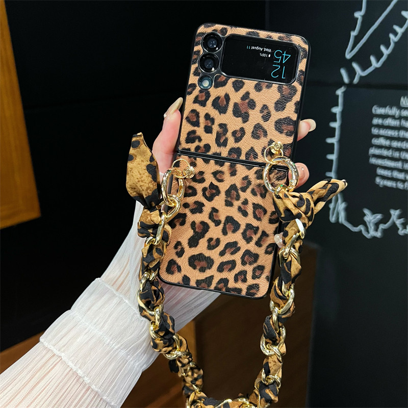 悦皇复古豹纹适用于三星zflip4手机壳新W23flip超薄zflip3折叠屏全包防摔丝巾手提外壳奢华高级F7210翻盖外壳