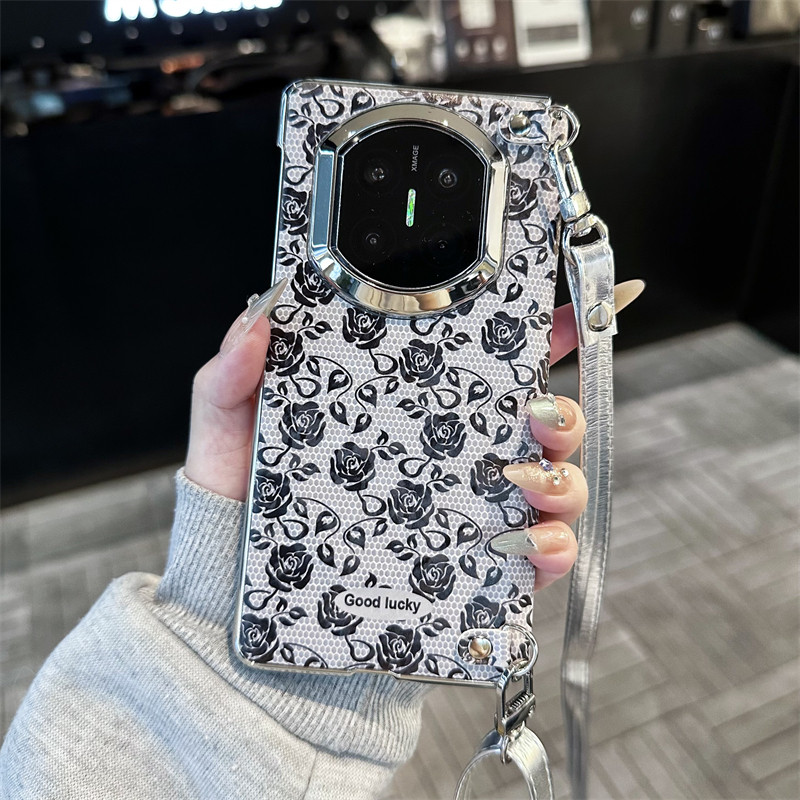 悦皇适用于华为matex7折叠手机壳铰链全包双中轴磁吸边matex6烫金黑玫瑰花斜挎绳手提纱巾matex5x3翻盖保护套