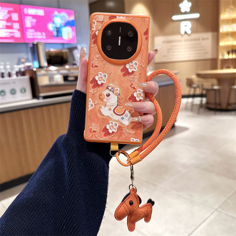 橙色花环马折叠手机壳斜挎挂绳