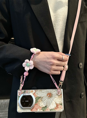 悦皇适用于oppofindn6折叠手机壳奢华油画山茶花findn5斜挎挂绳手提花朵链findn3翻盖防摔紫色花findn2保护套