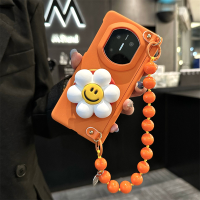 橙色花朵支架折叠手机壳全包中轴