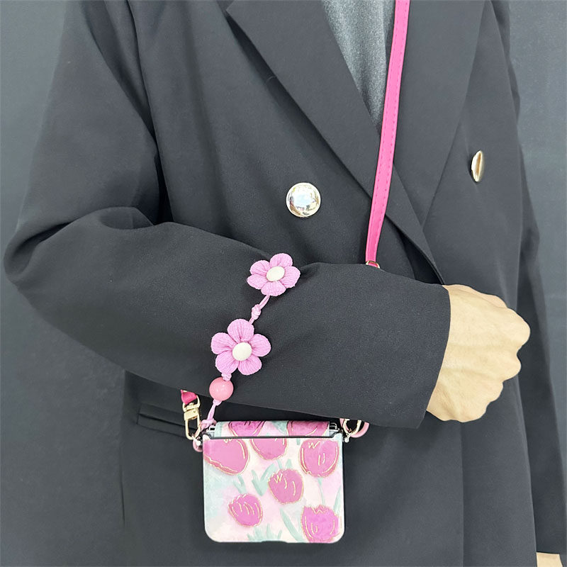 悦皇油画郁金香适用于华为purax2阔折叠手机壳purax全包中轴斜挎挂绳手提花朵pocket2翻盖防摔Nova/p50皮外壳