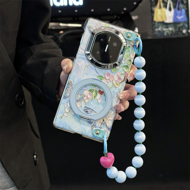 悦皇烫金蓝蝴蝶旋转支架适用于华为matex7折叠手机壳全包双中轴磁吸边matex6翻盖保护套斜挎绳matex5/x3手提