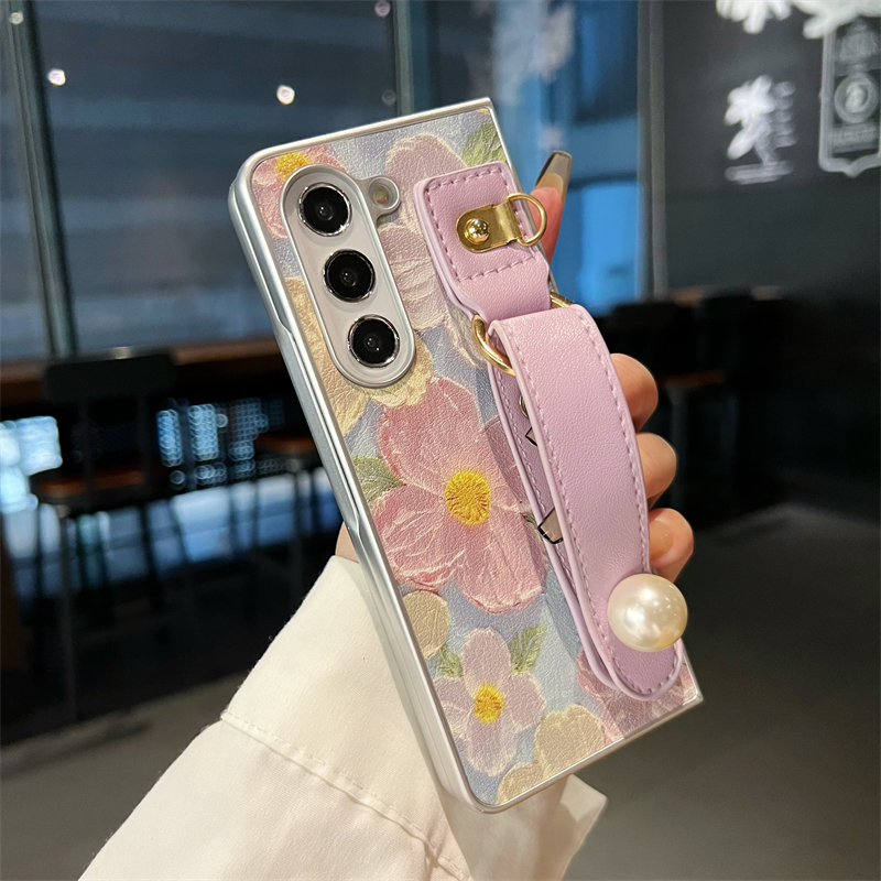 油画紫花朵手腕带手机壳斜挎挂绳