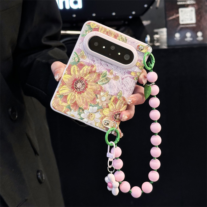 悦皇烫金油画向日葵适用于华为PuraXMax折叠手机壳全包磁吸中轴前框puraxmax翻盖保护套斜挎绳手提珠无线充电