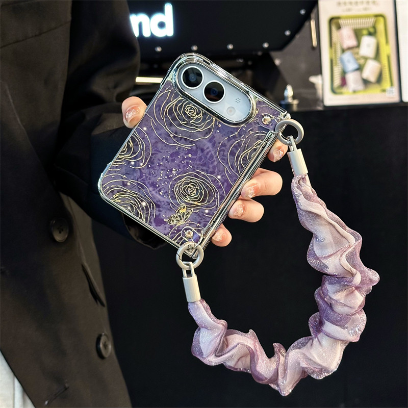 悦皇烫金蝴蝶玫瑰适用于iPhone Duo折叠屏手机壳全包中轴前框磁吸充电苹果Duo翻盖油画保护套斜挎绳纱巾手提