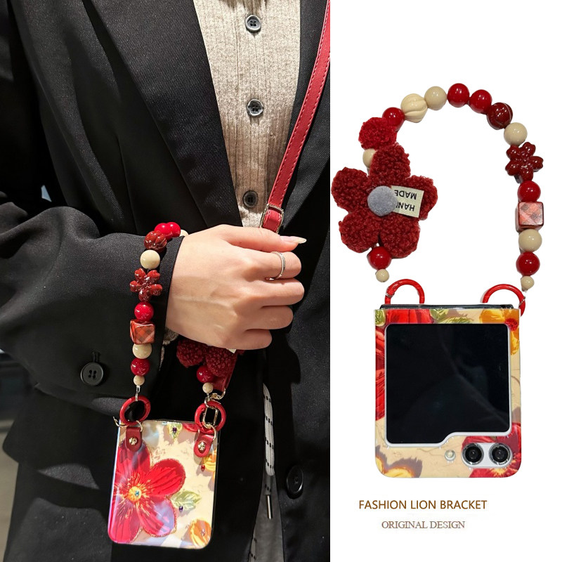 悦皇玫瑰花毛绒手提适用于三星zflip7折叠手机壳zflip6/5翻盖防摔w25flip斜斜跨可背挂绳w24酒红保护套手提绳