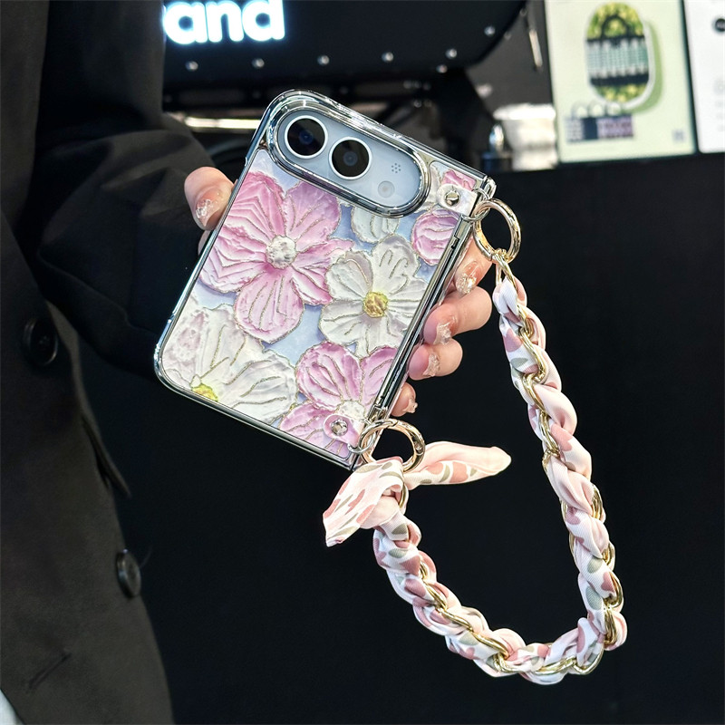 悦皇烫金油画粉花朵适用于iPhone Duo阔折叠手机壳全包中轴前框苹果Duo翻盖防摔磁吸保护套斜挎带绳手提丝巾