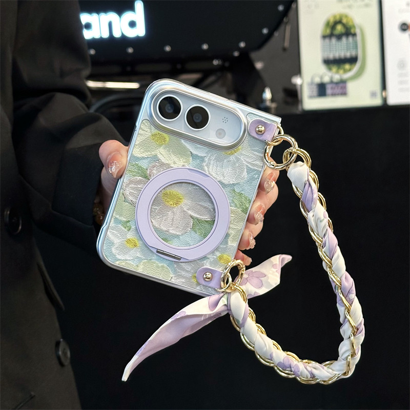 悦皇油画紫色花朵旋转支架适用于iPhone Duo阔折叠手机壳带前框苹果Duo翻盖防摔皮纹保护套斜挎绳手提丝巾Duo
