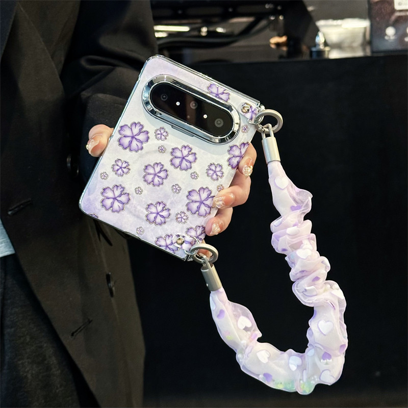 悦皇烫金紫樱花适用于华为PuraXMax阔折叠手机壳全包中轴前框puraxmax典藏版皮纹保护套斜挎绳纱巾手提无线充