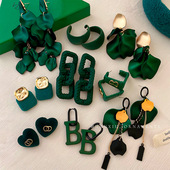 欧美夸张复古绿色系叶片流苏耳环简约气质耳钉高级感耳饰