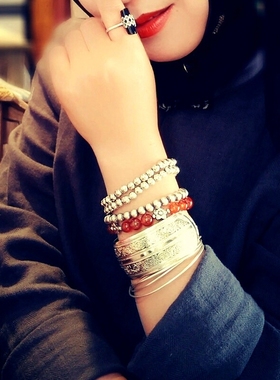 民族风宽手镯银色手环金