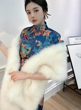 百搭狐狸毛旗袍披肩秋冬季仿皮草斗篷舞台晚宴婚纱礼服围巾女网红
