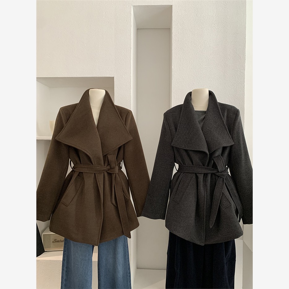 2025大翻领系带收腰显瘦中长款高级感气质毛呢大衣外套女