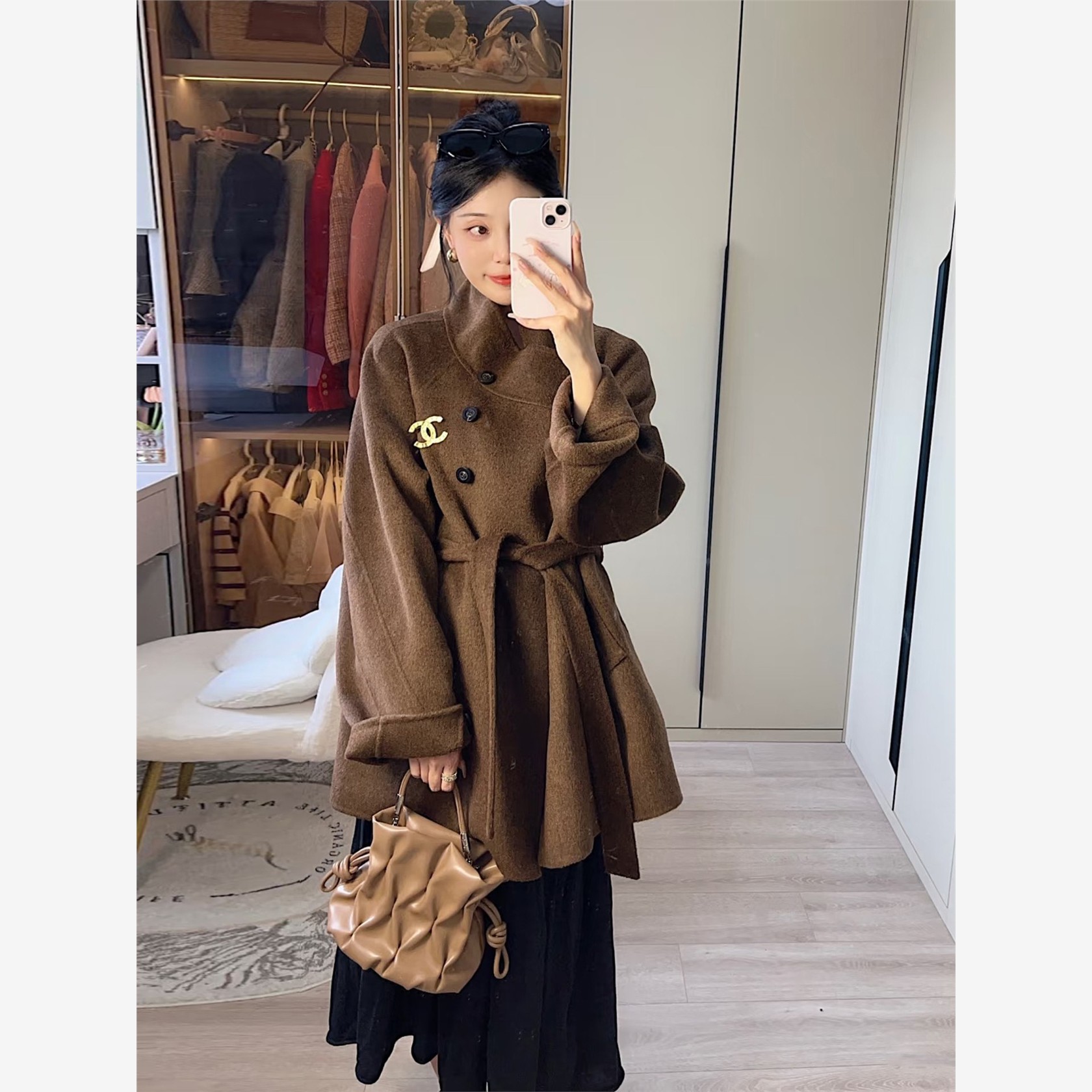 棕色双面羊绒呢子大衣女短款2025秋冬季新款小个子立领羊毛呢外套