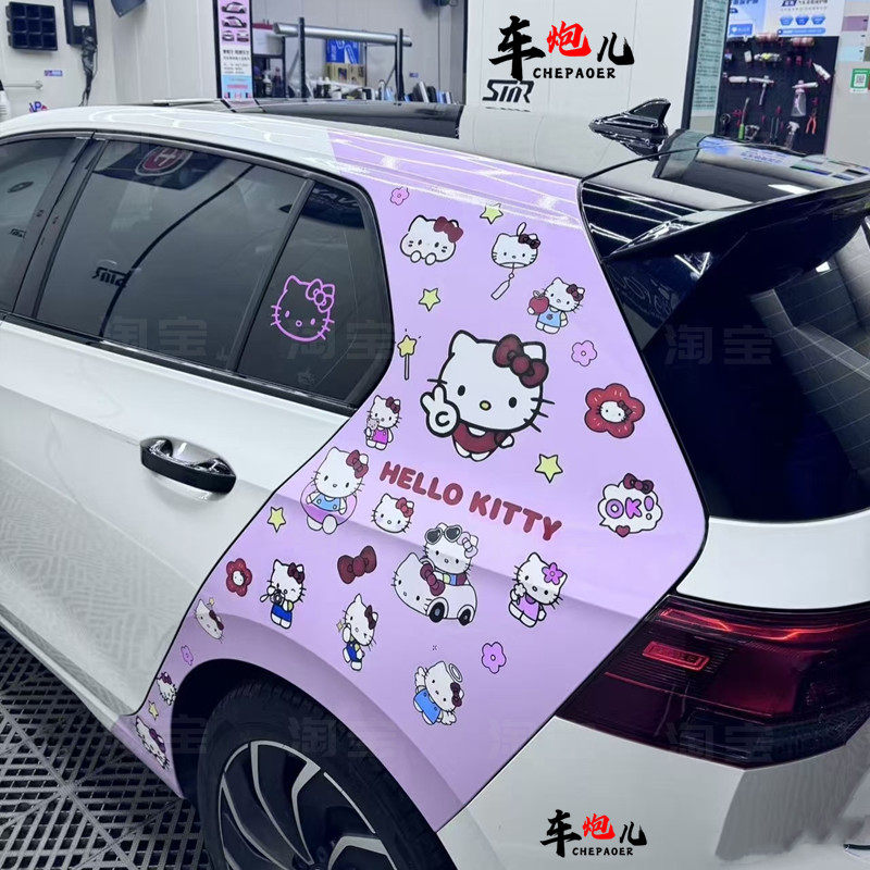 适用大众高尔夫78卡通kitty猫车贴纸 尚酷Polo ID3C柱装饰拉花