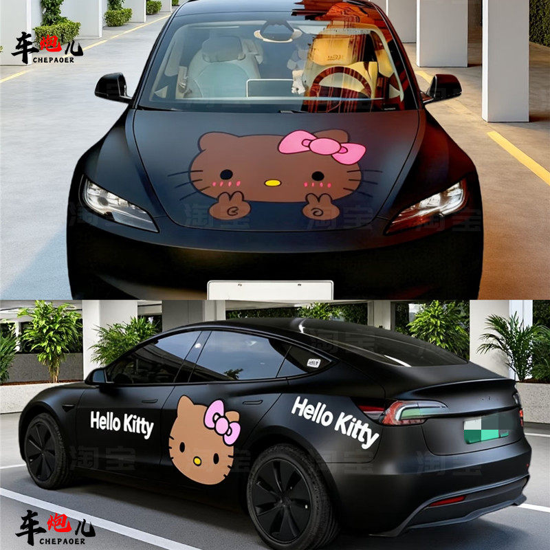 适用特斯拉3Y个性卡通黑皮kitty猫车贴纸 蔚来es56智己L6改装拉花