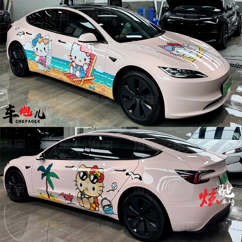 适用特斯拉3Y个性定制kitty猫车贴纸 蔚来es56奔驰c260L可爱拉花