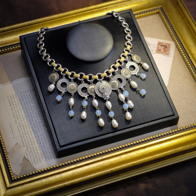 伦巴第亚vintage南法品牌80s天然珍珠气质温柔珐琅瀑布流苏项链