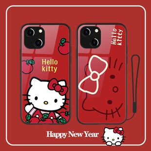 hellokitty凯蒂猫苹果15手机壳13女款 8p玻璃xr套mini适用7 iphone14红色ip12promax新年11本命年10x过年xs新款