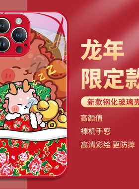 苹果13手机壳新年iphone15promax龙年本命年14pro红色12mini新款11东北大花布10x棉袄xsmax过年xs/xr适用plus