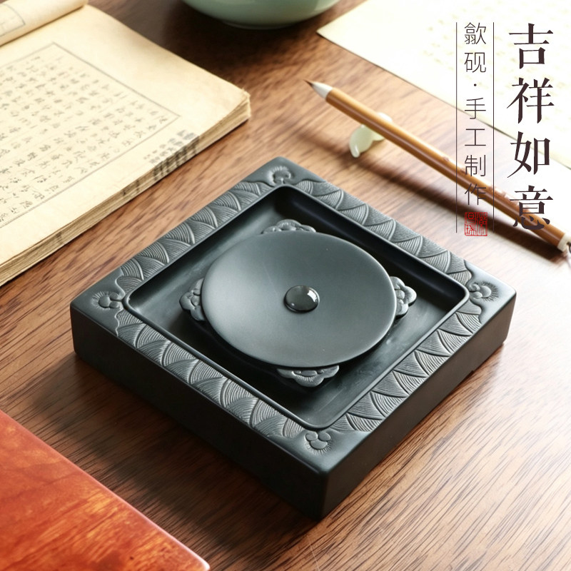 吉祥如意非遗歙砚原石双面雕刻满工手刻砚书法书画原石手工雕刻歙砚文房四宝礼品收藏
