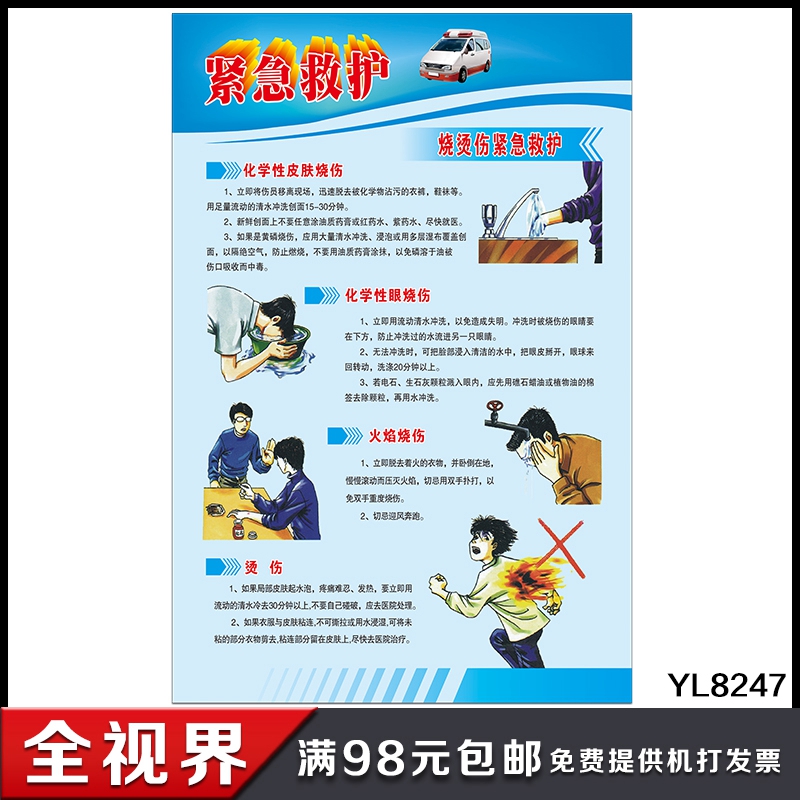 紧急救护流程示意图 化学性皮肤眼火焰烧伤烫伤急救挂图 医院海报