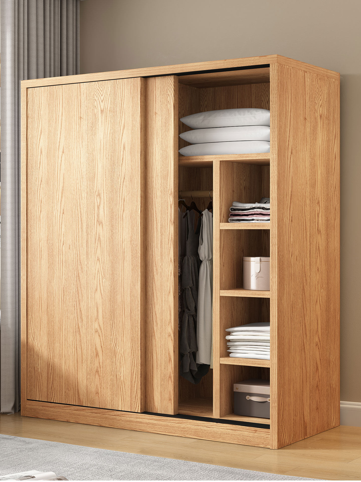 衣柜家用卧室原木风橡木色推拉门出租房用简易柜子不占空间的衣柜