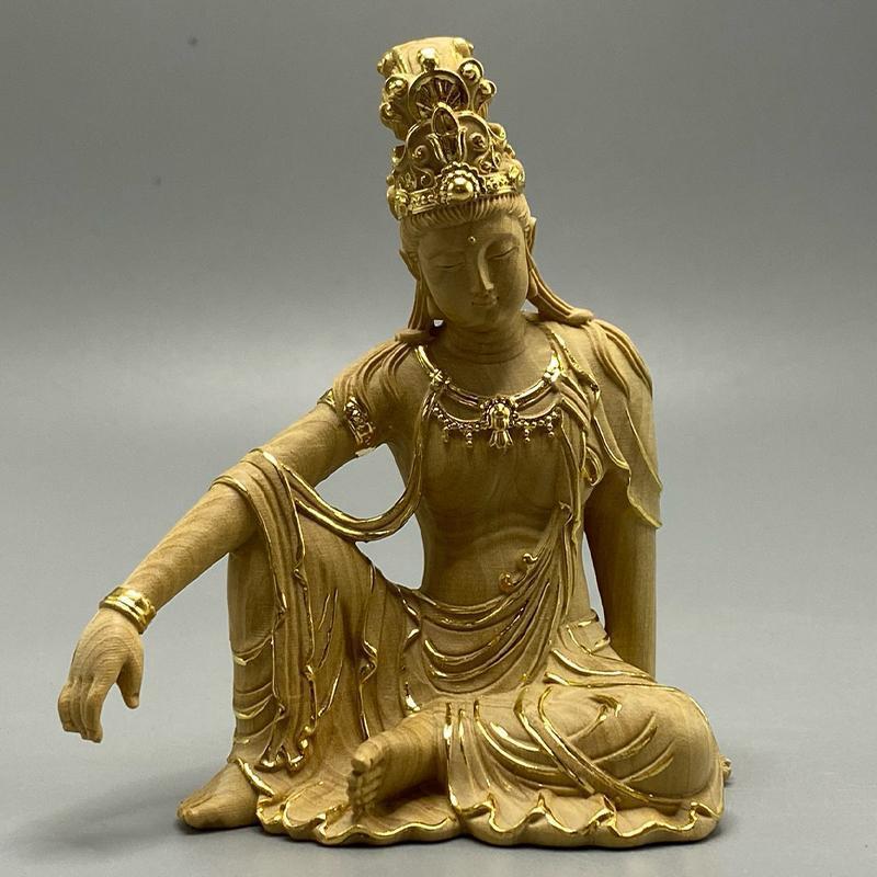小叶黄杨木雕描金精雕自在观音家居装饰摆件佛像神像汽车工艺品