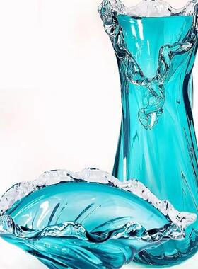 网红轻奢蓝色玻璃花瓶波浪花边水果盘居家客厅桌面样板间装饰摆件