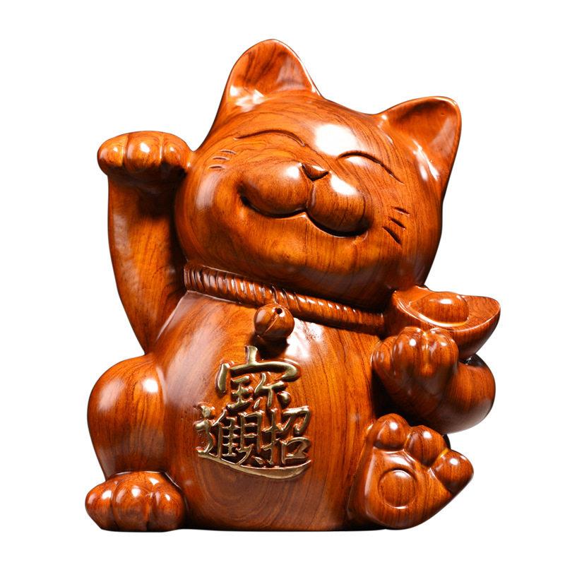木雕摆件招财猫实木质雕刻家居客厅店铺开业收银台红木头工艺礼品
