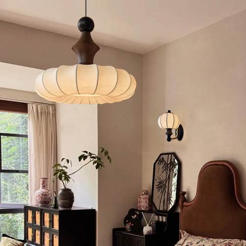 花纹布艺复古中古卧室灯吊灯高级感餐厅房间实木侘寂风禅意灯具