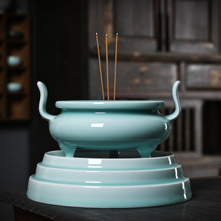 青瓷复古香炉官帽耳三足双耳鼎炉陶瓷龙泉宣德炉摆件供奉家用室内