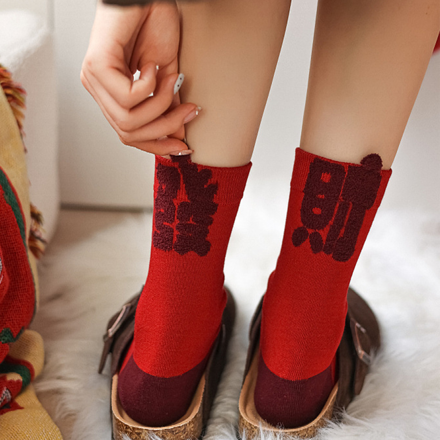 洁韵朵本命年红色纯棉防臭袜子女