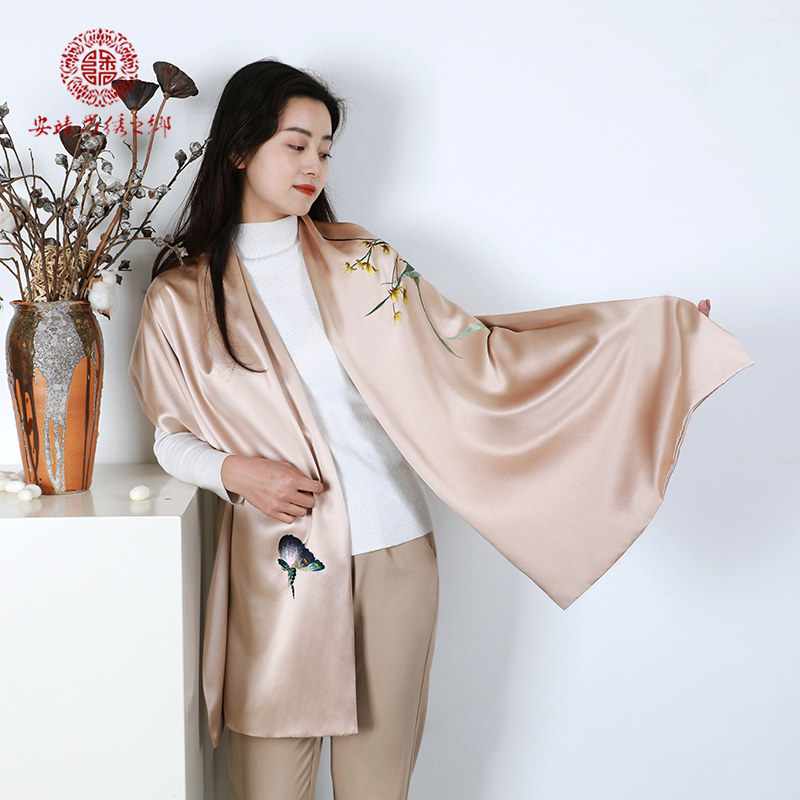 中式真丝长围巾女纯手工刺绣梅花仙鹤图案蜀绣礼品送母亲女士披肩