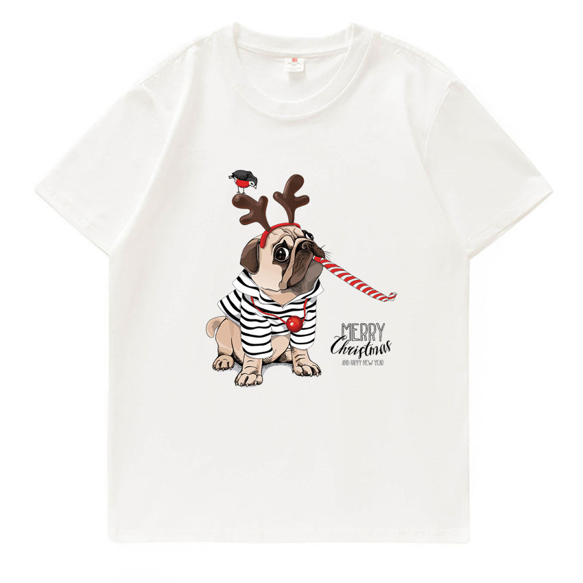 Merry Christmas 麋鹿巴哥犬短袖卡通小狗印花休闲圆领纯棉T恤